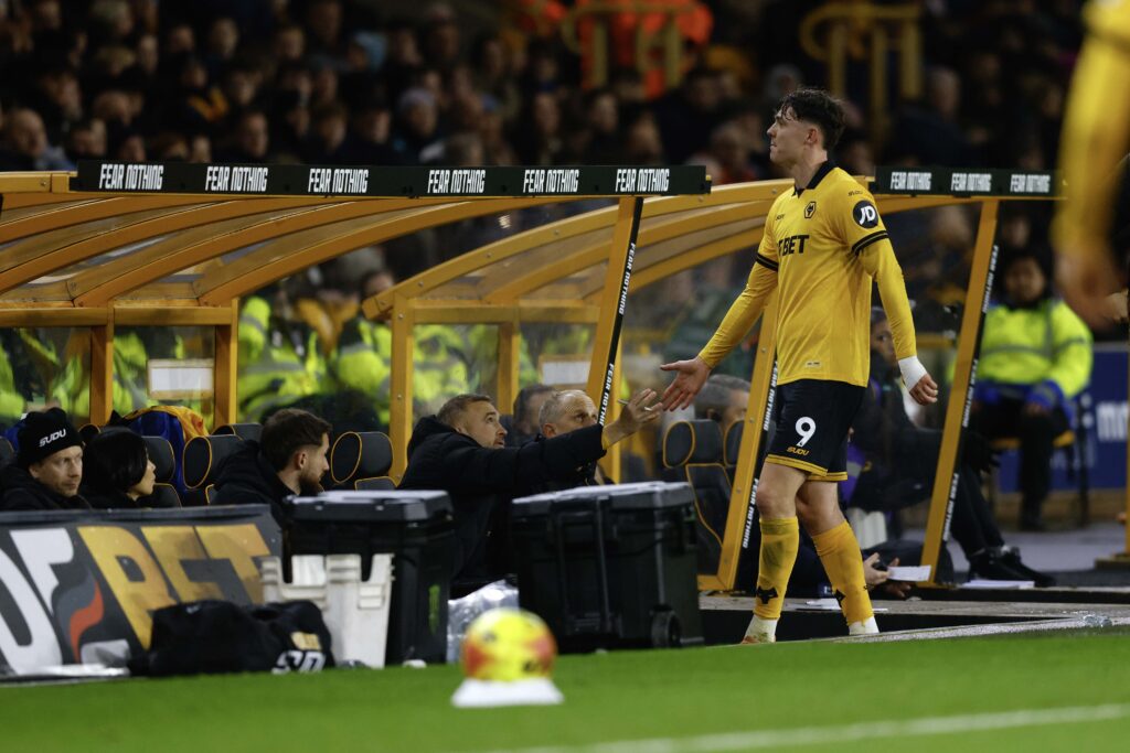 Jorgen Strand Larsen is substituted during Wolves' Premier League game against Manchester United.