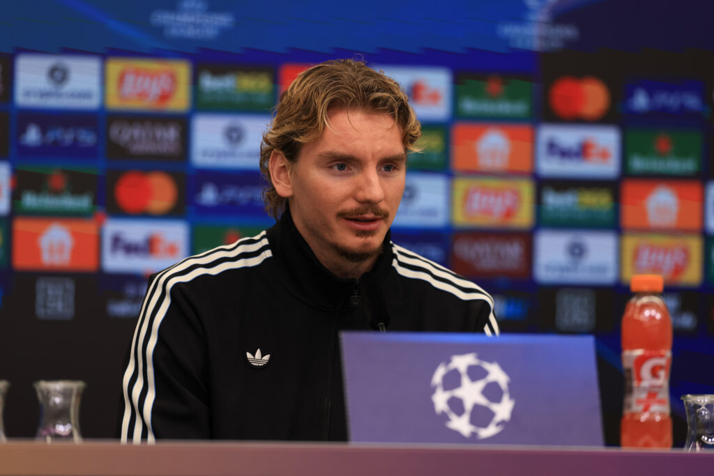 Nick Woltemade speaks to the media before Newcastle United's Champions League game against Bayer Leverkusen.