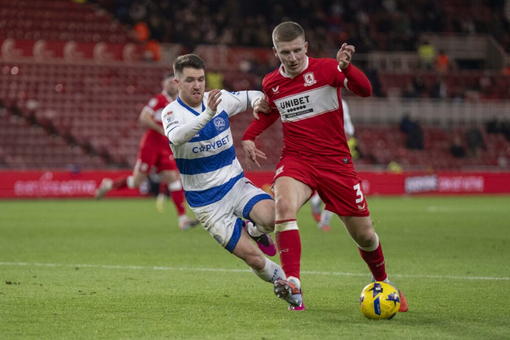 Matt Targett playing for Middlesbrough against Queens Park Rangers in the Championship.