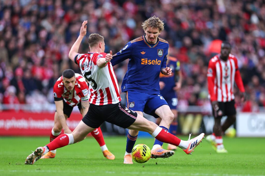 Nick Woltemade in action for Newcastle United against Sunderland.