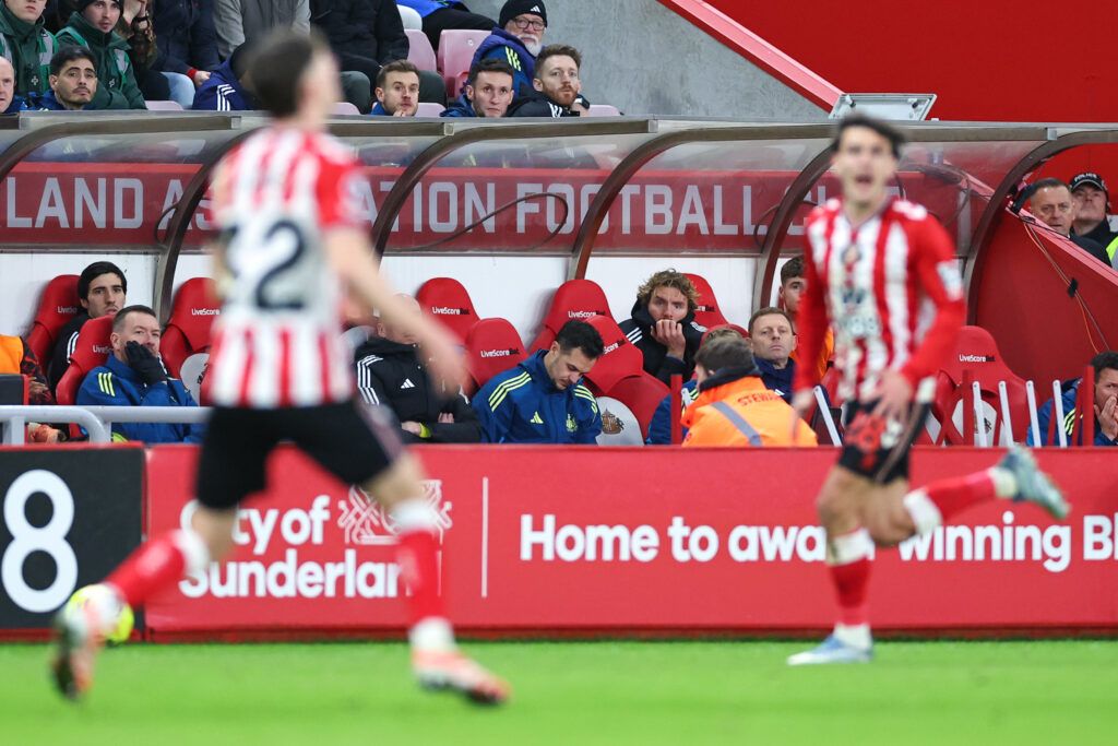 Nick Woltemade sits on the bench during Sunderland vs Newcastle United.