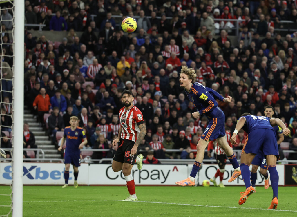Nick Woltemade scores an own goal during Newcastle United's defeat to Sunderland.