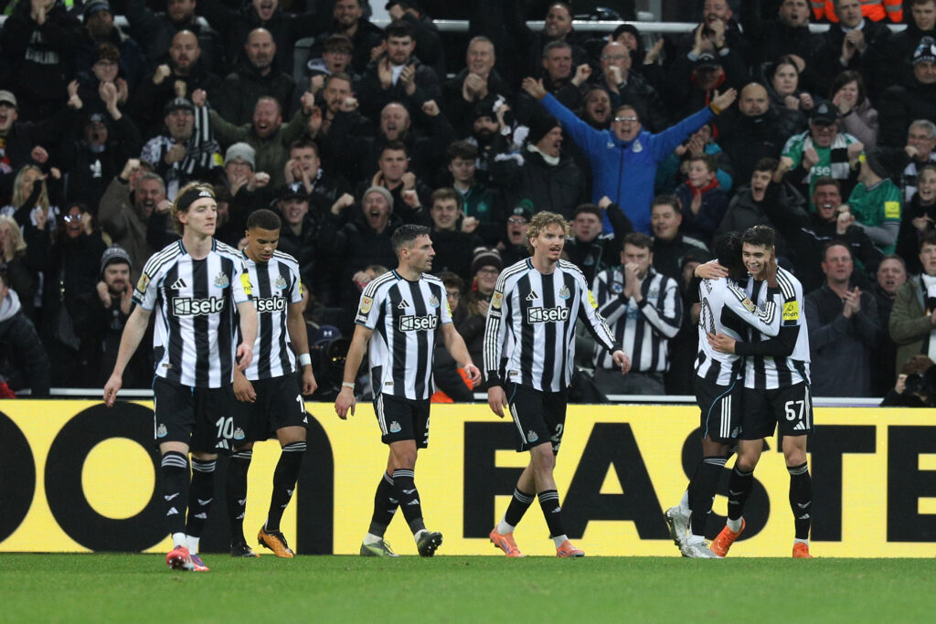 Newcastle United players celebrate Lewis Miley scoring in the Carabao Cup against Fulham.