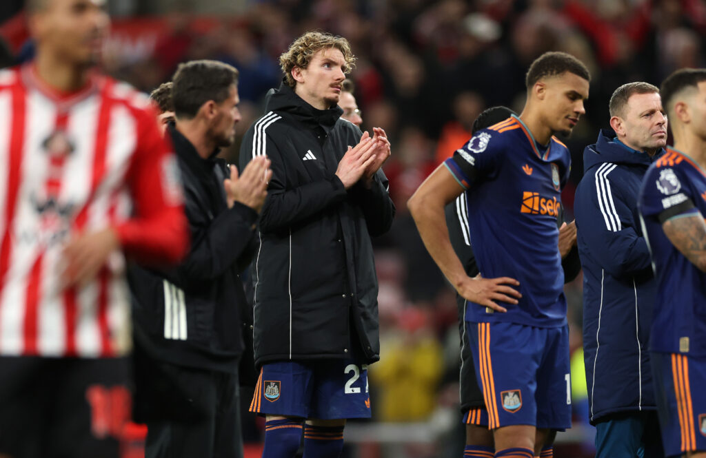 Nick Woltemade applauds Newcastle United fans after losing to Sunderland.