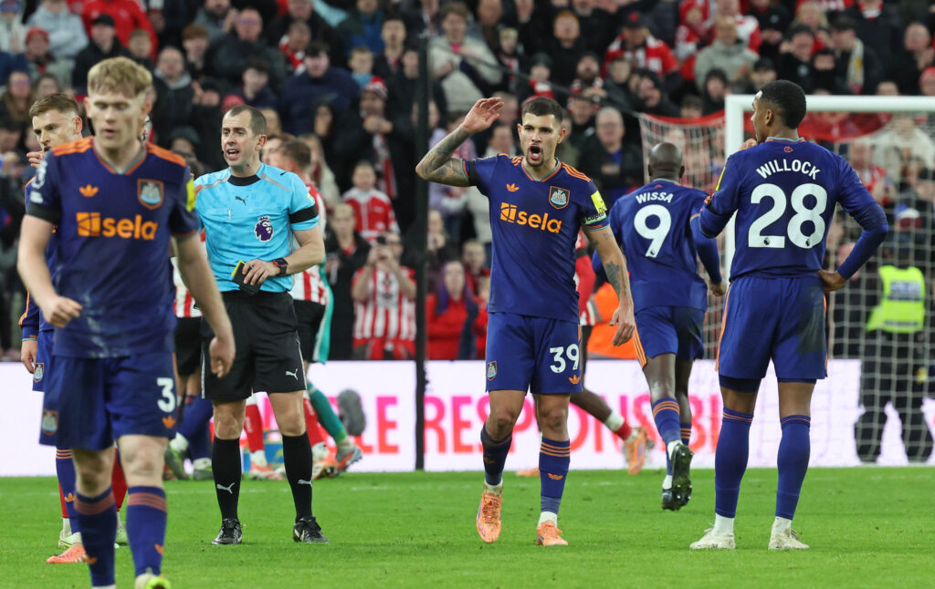 Bruno Guimaraes reacts during Sunderland vs Newcastle United.