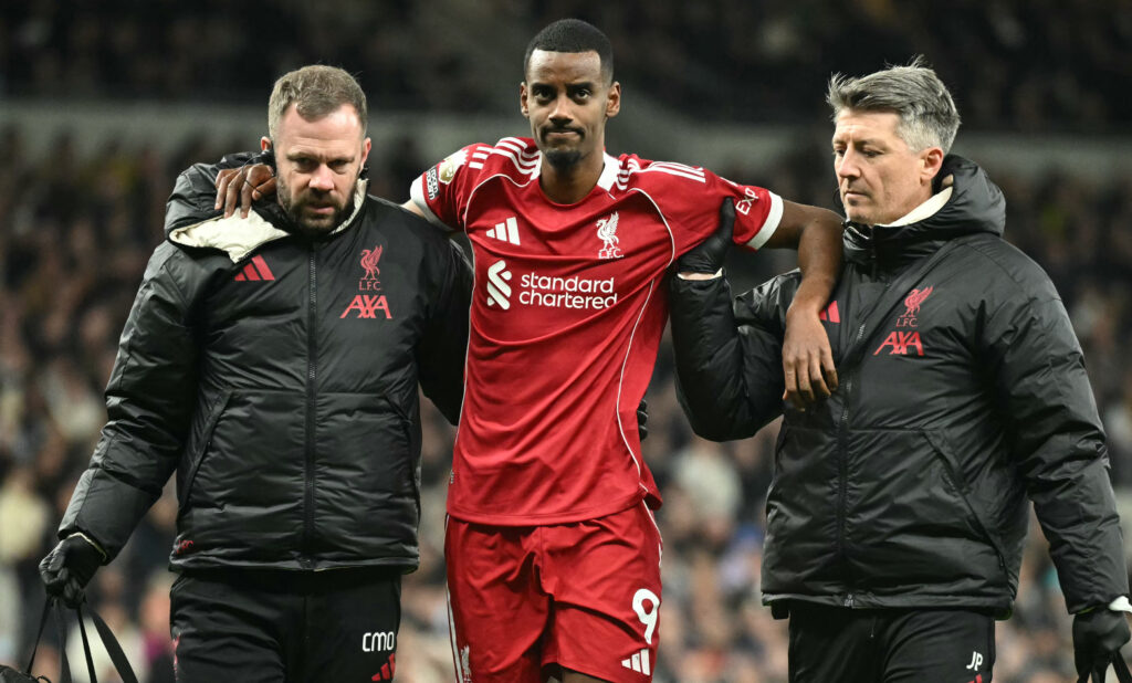 Alexander Isak is substituted due to an injury during Tottenham Hotspur vs Liverpool.