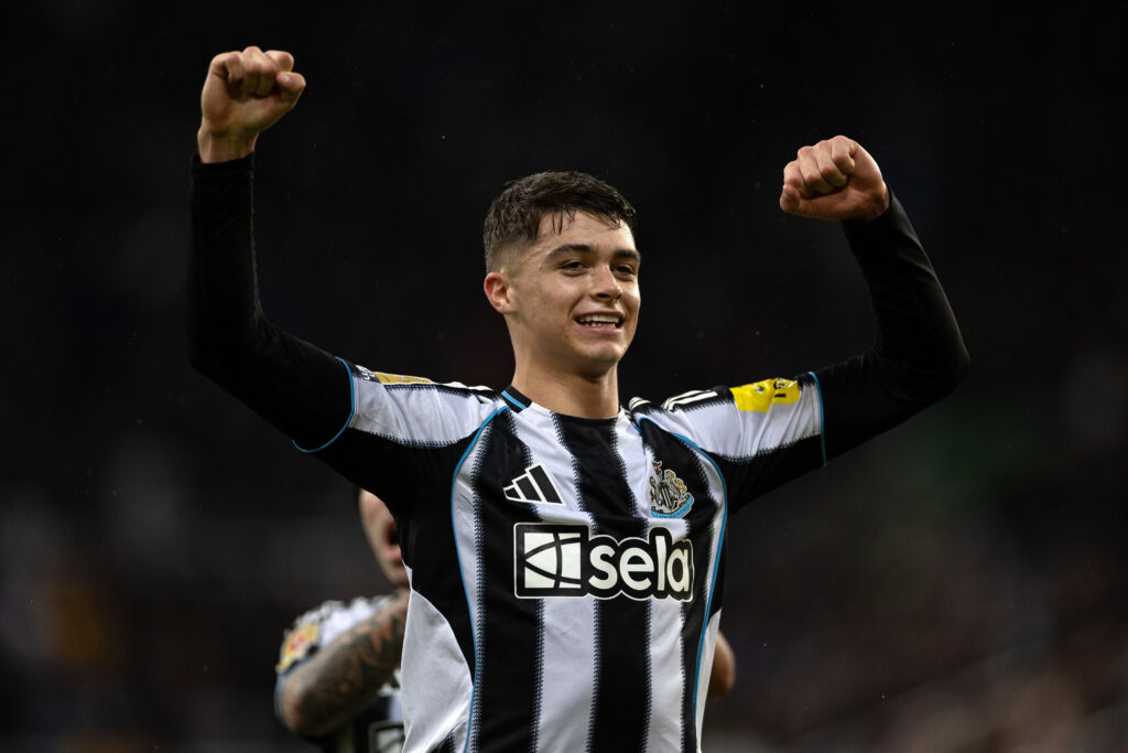 Lewis Miley celebrates after Newcastle United beat Fulham in the Carabao Cup.