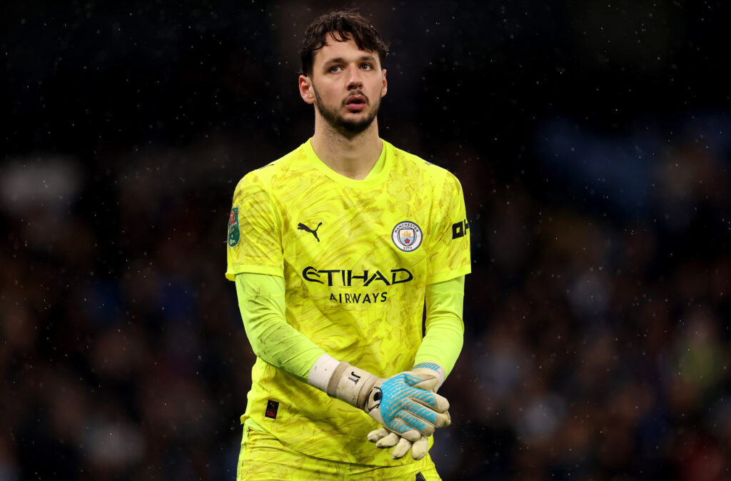James Trafford playing for Manchester City against Brentford in the Carabao Cup.