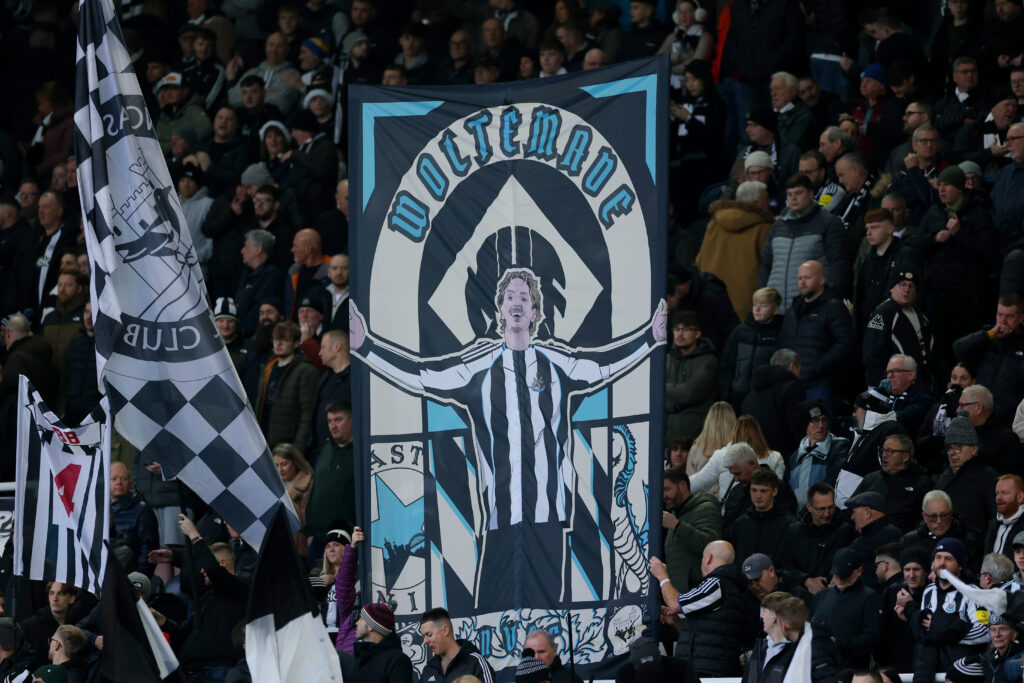 Wor Flags hold up a Nick Woltemade banner before Newcastle United vs Chelsea.