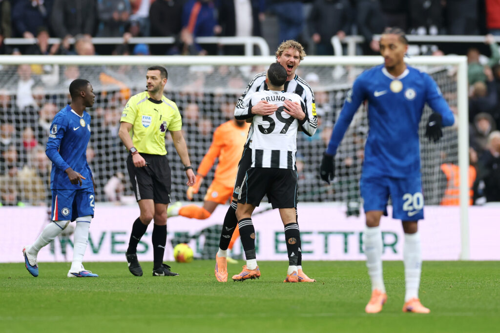 Nick Woltemade celebrates with Bruno Guimaraes after scoring for Newcastle United against Chelsea.