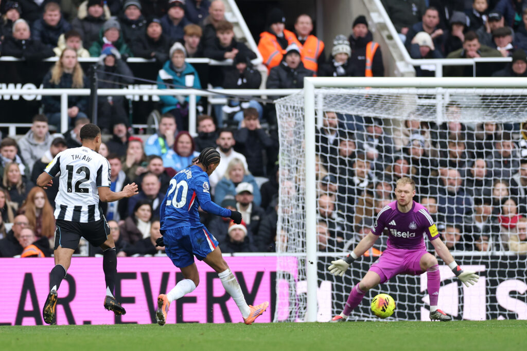 Joao Pedro scores Chelsea's second goal against Newcastle United in the Premier League.