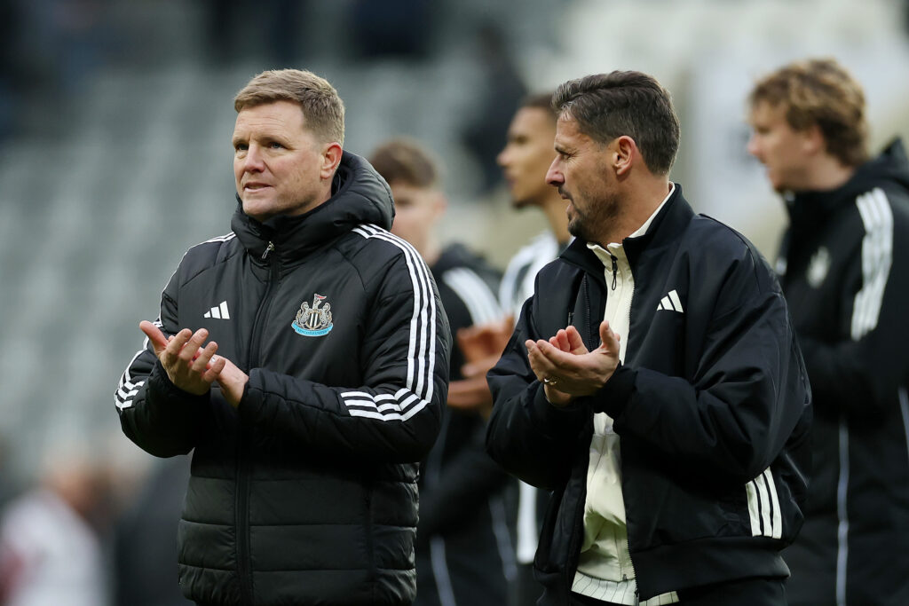 Eddie Howe and Jason Tindall clap the Newcastle United fans after losing to Chelsea.