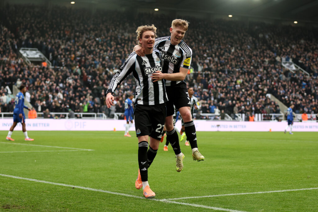 Nick Woltemade celebrates scoring for Newcastle United against Chelsea.