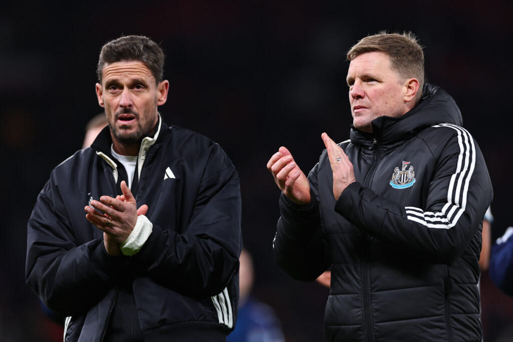 Eddie Howe and Jason Tindall applaud Newcastle United fans after losing to Manchester United.