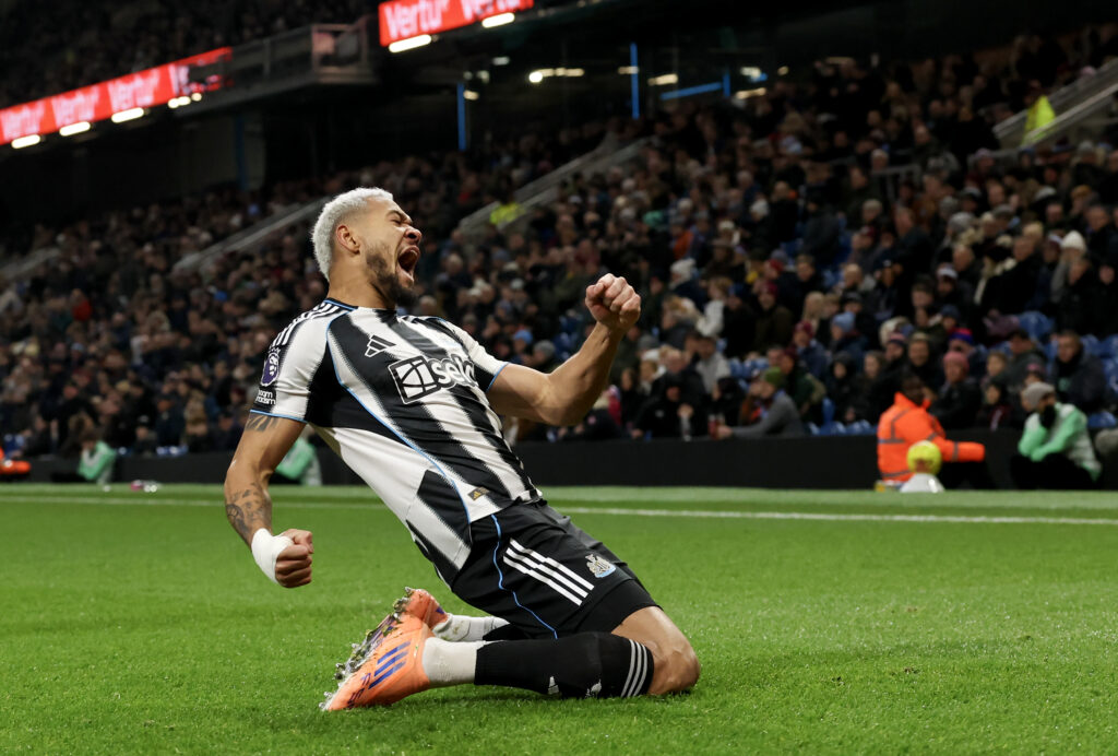 Joelinton celebrates after scoring for Newcastle United against Burnley in the Premier League.