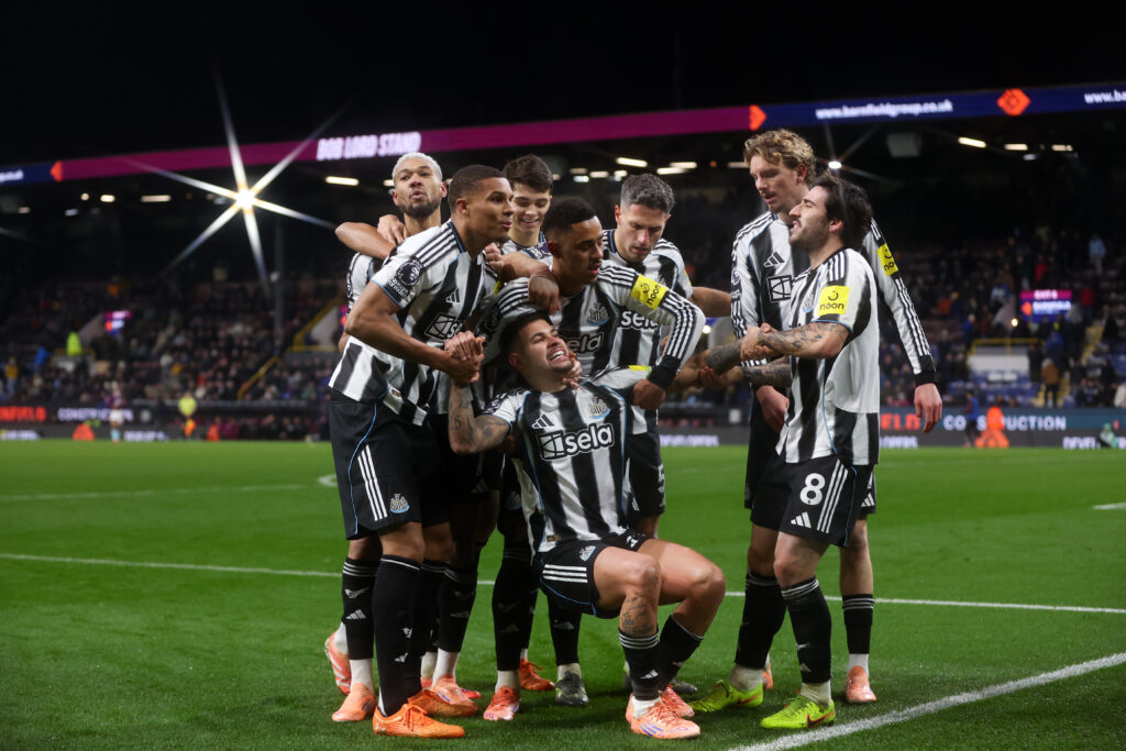 Bruno Guimaraes celebrates after scoring for Newcastle United against Burnley. (EDITOR'S NOTE: A star filter was used in the creation of this image)