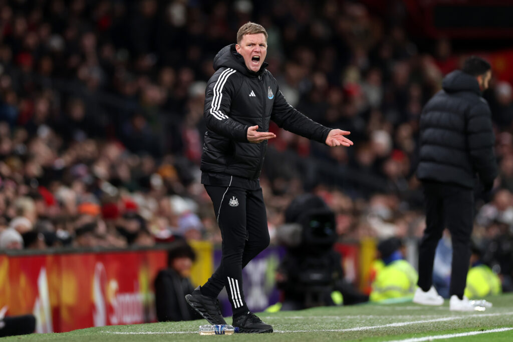 Eddie Howe reacts during Newcastle United's Premier League game against Manchester United.