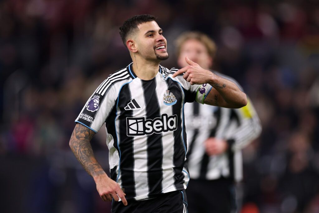 Bruno Guimaraes celebrates after scoring for Newcastle United against Burnley.