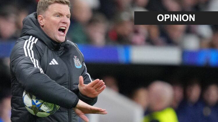 Eddie Howe reacts during Newcastle United's Champions League game against Bayer Leverkusen.