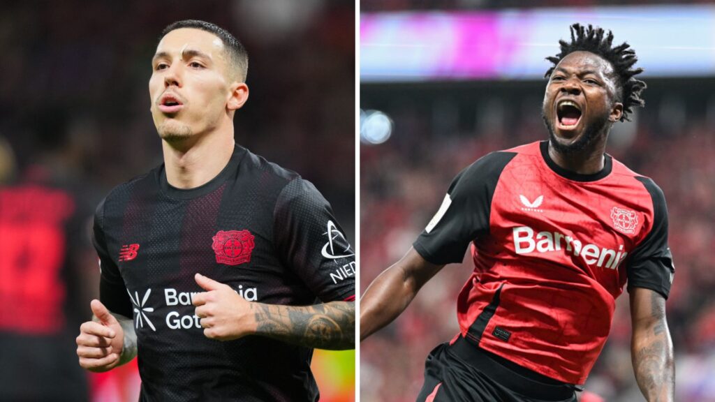 Alex Grimaldo playing for Bayer Leverkusen, Edmond Tapsoba celebrates scoring for Bayer Leverkusen.