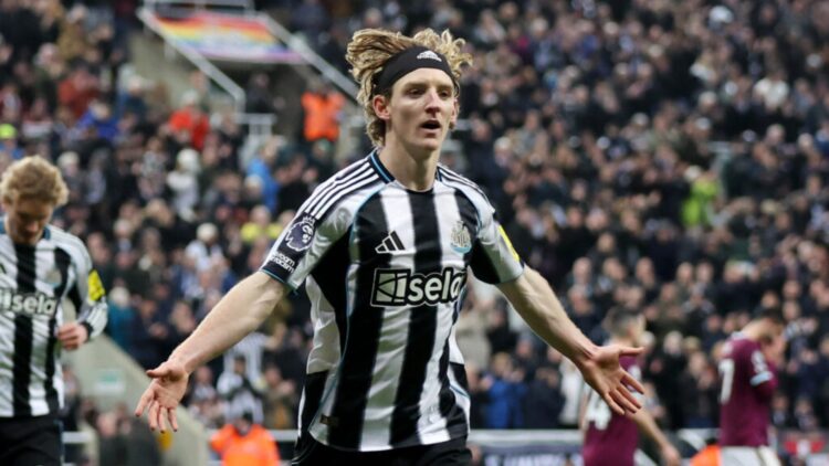 Anthony Gordon celebrates a goal vs Burnley.