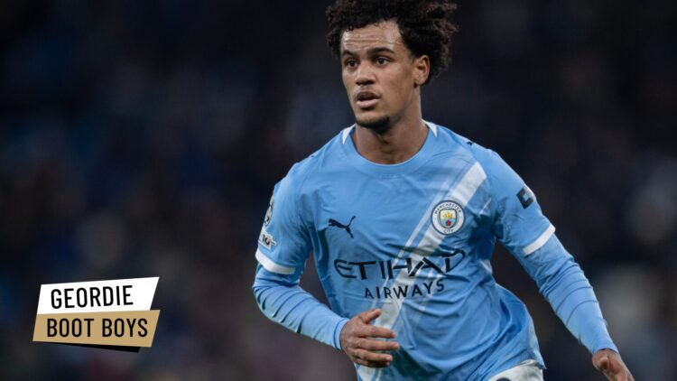 Oscar Bobb playing for Manchester City. A 'Geordie Boot Boys' website logo has been added.