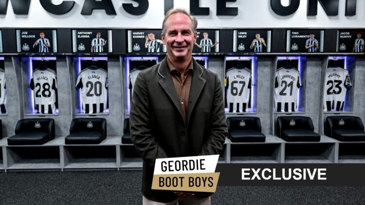 Newcastle United CEO David Hopkinson stands in the Newcastle United dressing room, with exclusive banner overlaid.
