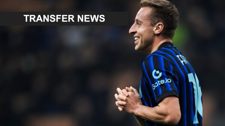 Davide Frattesi playing for Inter Milan against Venezia. A 'transfer news' banner has been added.