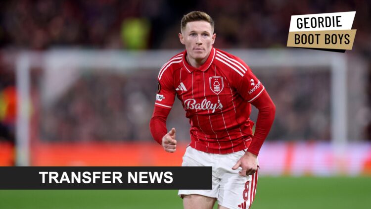 Nottingham Forest star Elliot Anderson with transfer news banner overlaid.