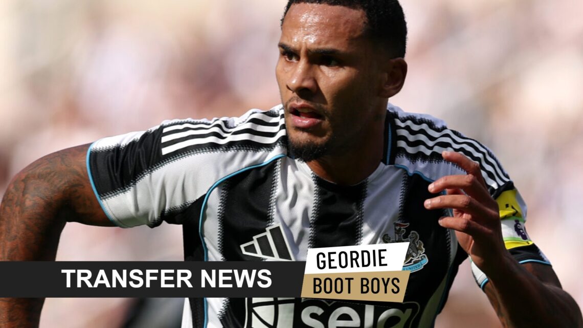 Newcastle United's Jamaal Lascelles with transfer news banner overlaid.