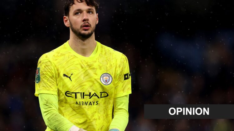 James Trafford playing for Manchester City against Brentford. An 'opinion' banner has been added.