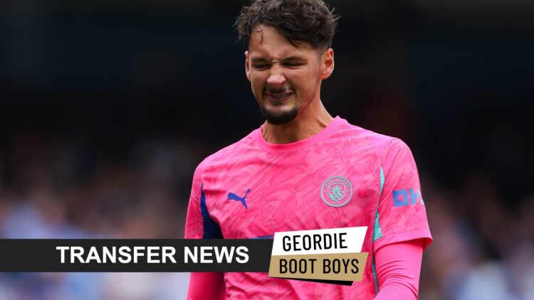 Man City goalkeeper James Trafford, with transfer news banner overlaid.