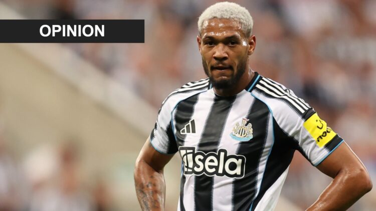 Joelinton looks on during Newcastle United's Premier League game against Liverpool. An 'opinion' banner has been added.