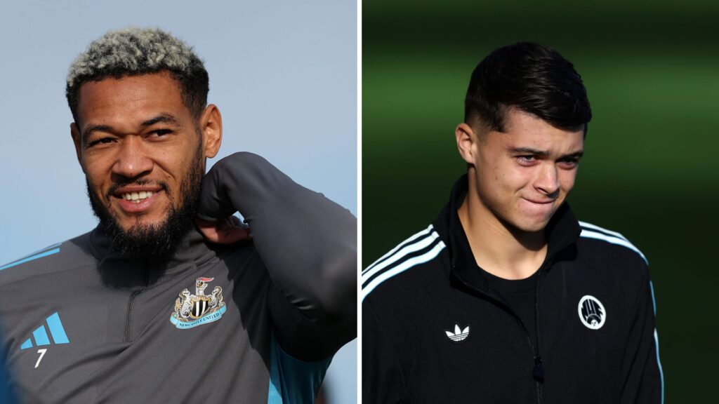 Joelinton in Newcastle United training, Lewis Miley arrives at St James' Park.