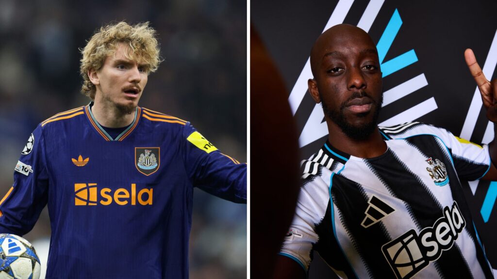 Nick Woltemade playing for Newcastle United, Yoane Wissa poses for Newcastle United's Champions League photocall.