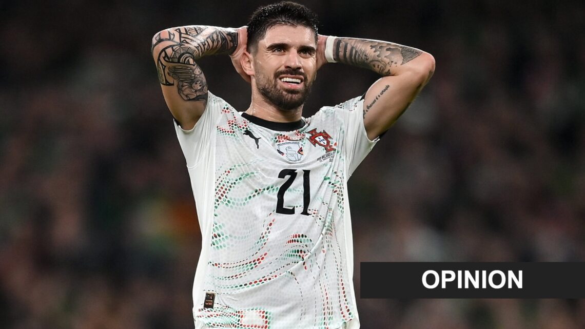 Ruben Neves reacts during Portugal's World Cup qualifier against Ireland. An 'opinion' banner has been added.