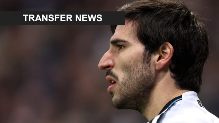 Sandro Tonali looks on during a Newcastle United game. A 'transfer news' banner has been added.