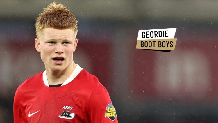 Kees Smit during AZ Alkmaar's Eredivisie game against Go Ahead Eagles. A Geordie Boot Boys website logo has been added.