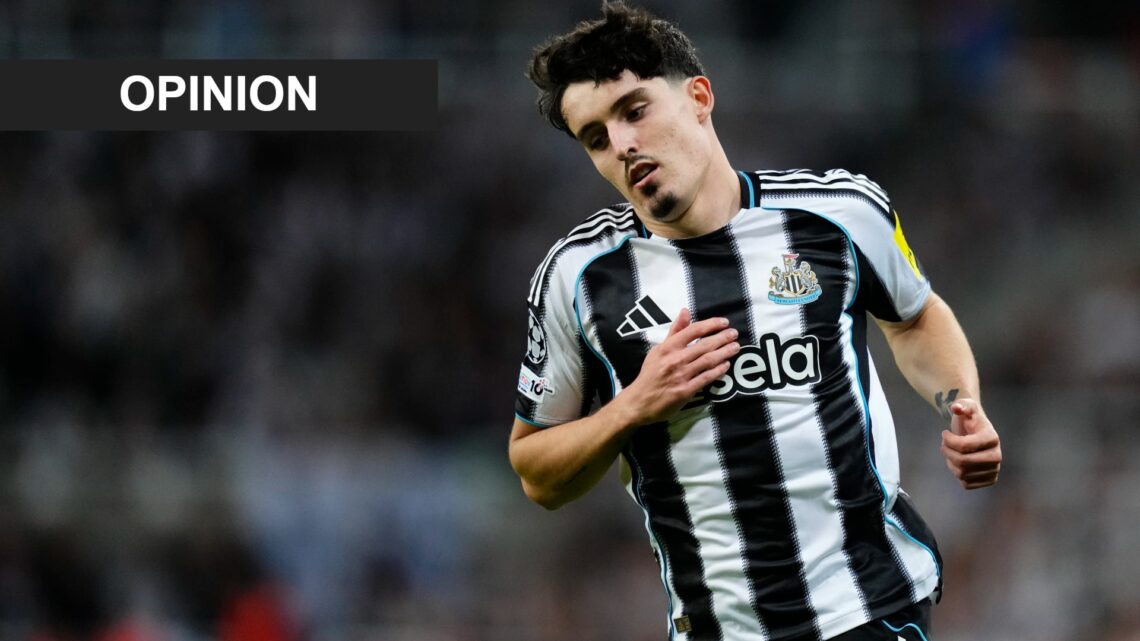 Tino Livramento playing for Newcastle United against Barcelona in the Champions League.