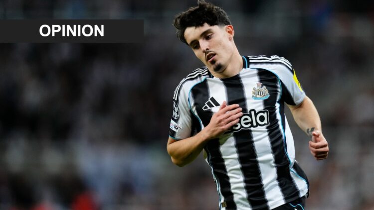 Tino Livramento playing for Newcastle United against Barcelona in the Champions League.