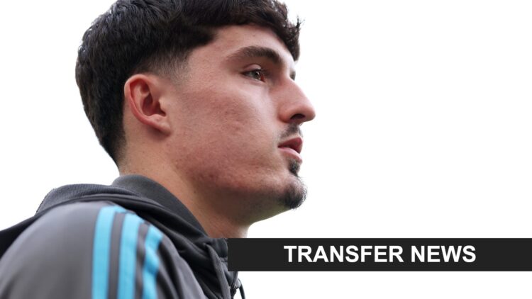 Tino Livramento arrives at St James' Park before a Newcastle United game. A 'transfer news' banner has been added in black and white in the bottom ...