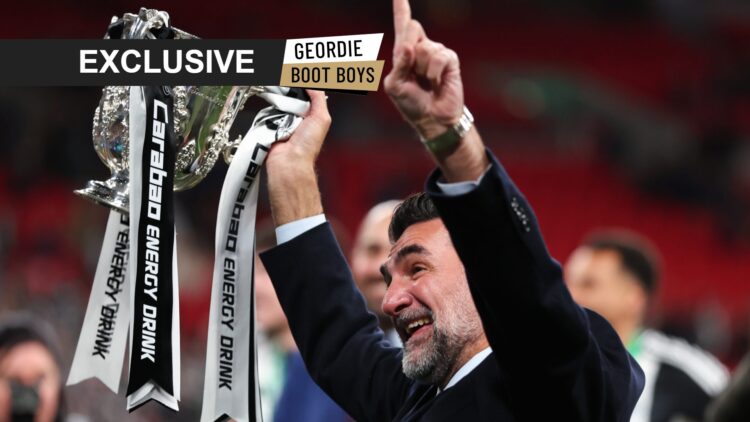 Newcastle United owner Yasir Al-Rumayyan celebrates Carabao Cup win, with exclusive banner overlaid.