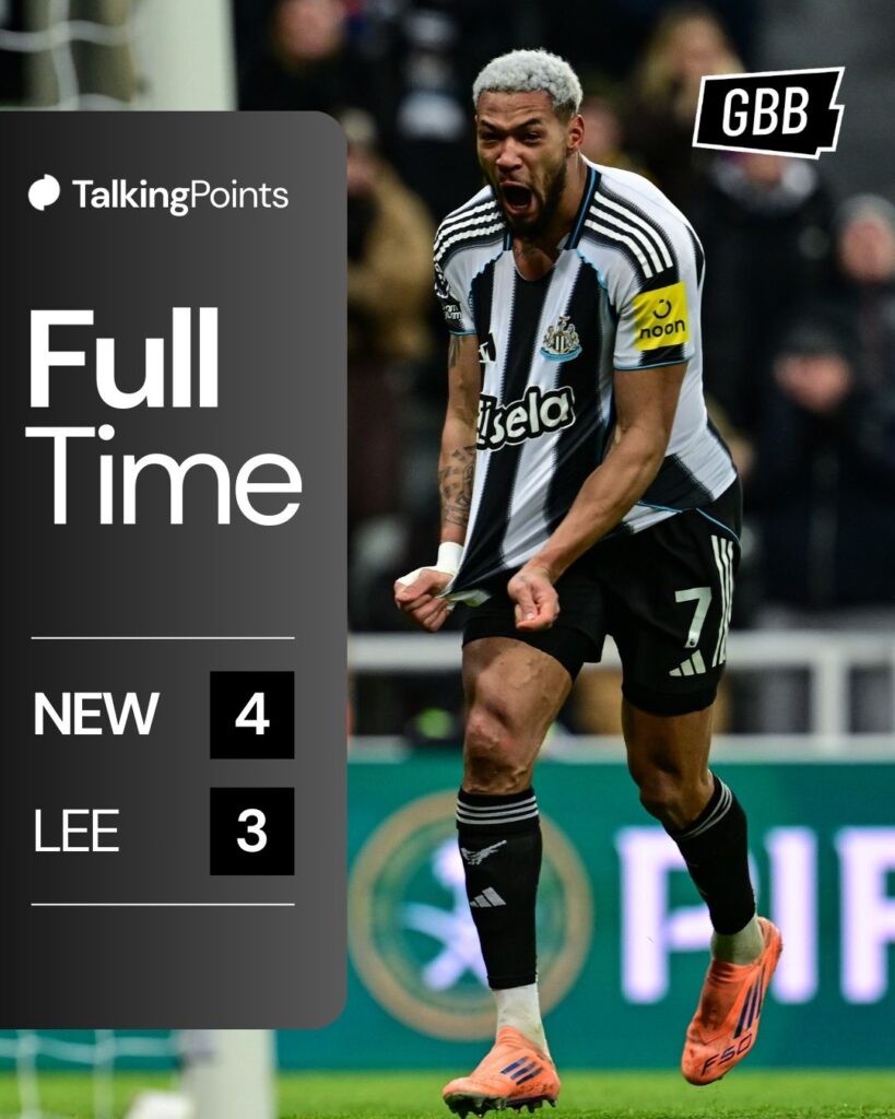 An infographic showing the full-time score (4-3) between Newcastle United and Leeds in the Premier League on 07/01/2025.