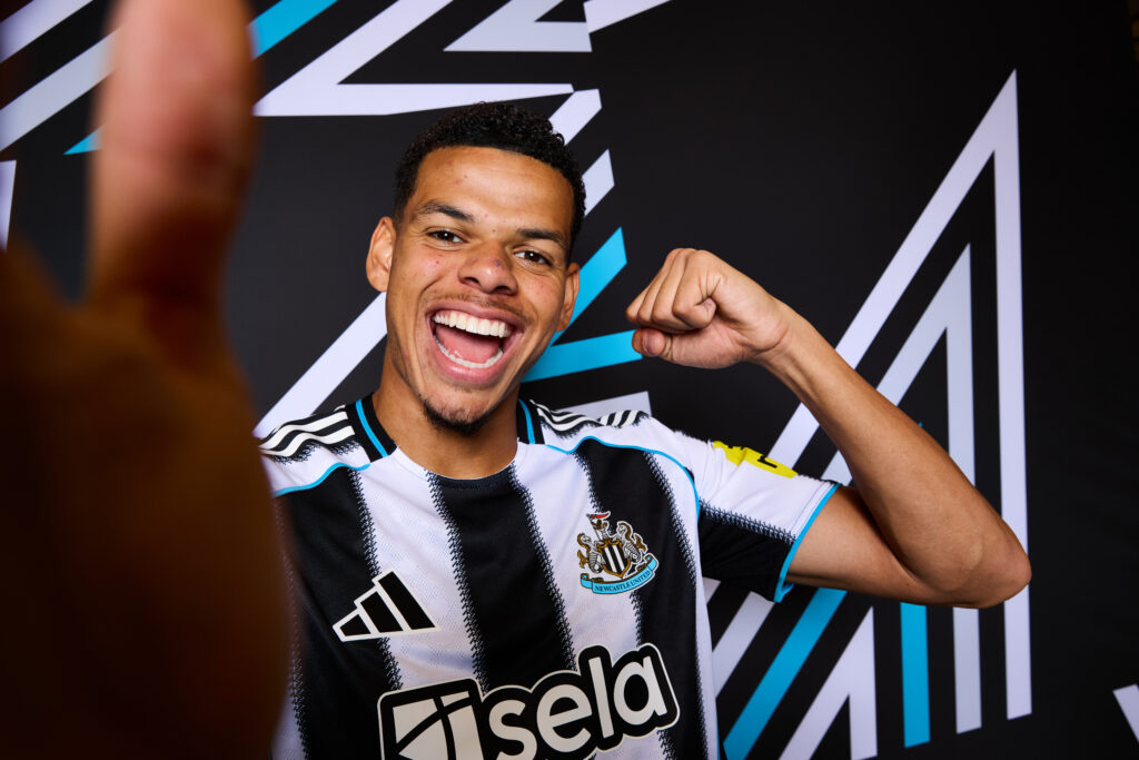 Will Osula poses for Newcastle United's Champions League photocall.