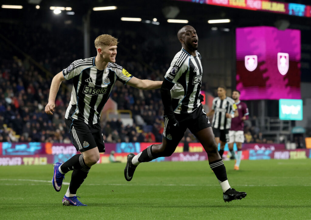 Yoane Wissa celebrates scoring for Newcastle United in the Premier League.