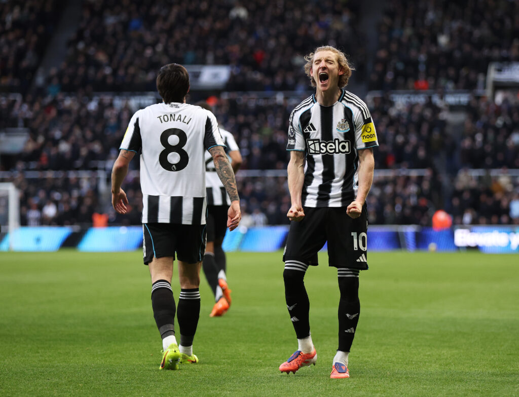 Anthony Gordon celebrates scoring for Newcastle United against Crystal Palace before his goal was disallowed.