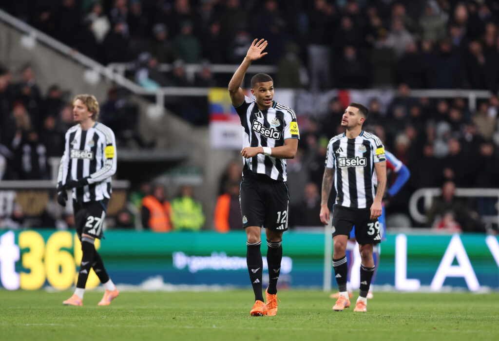 Malick Thiaw celebrates after scoring for Newcastle United against Crystal Palace.
