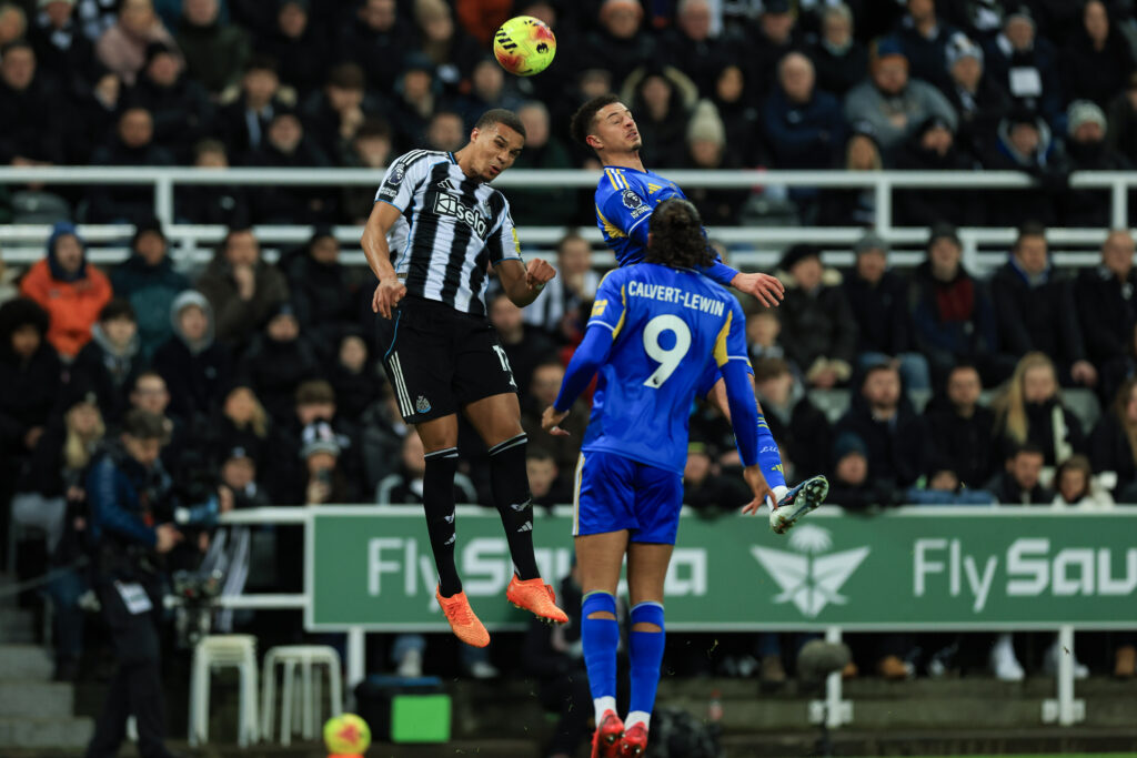Malick Thiaw playing for Newcastle United against Leeds in the Premier League.