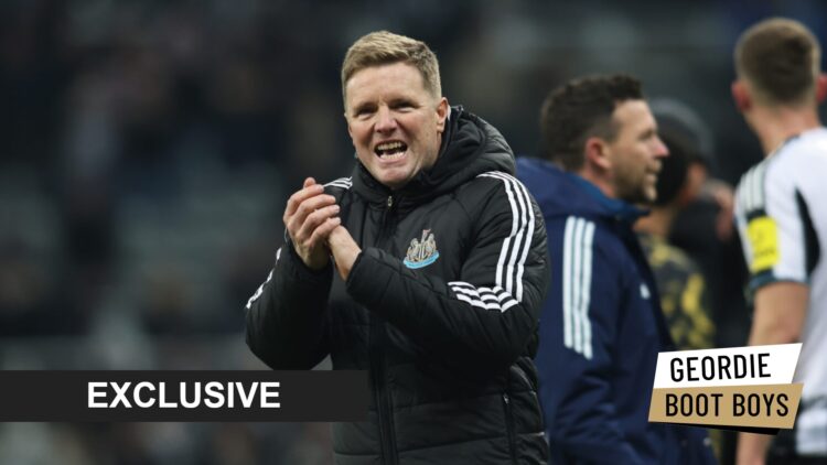 Newcastle United manager Eddie Howe, with exclusive branding overlaid.