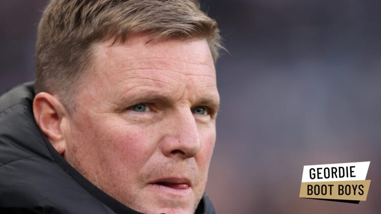 Newcastle United manager Eddie Howe looks on. A 'Geordie Boot Boys' website logo has been added.